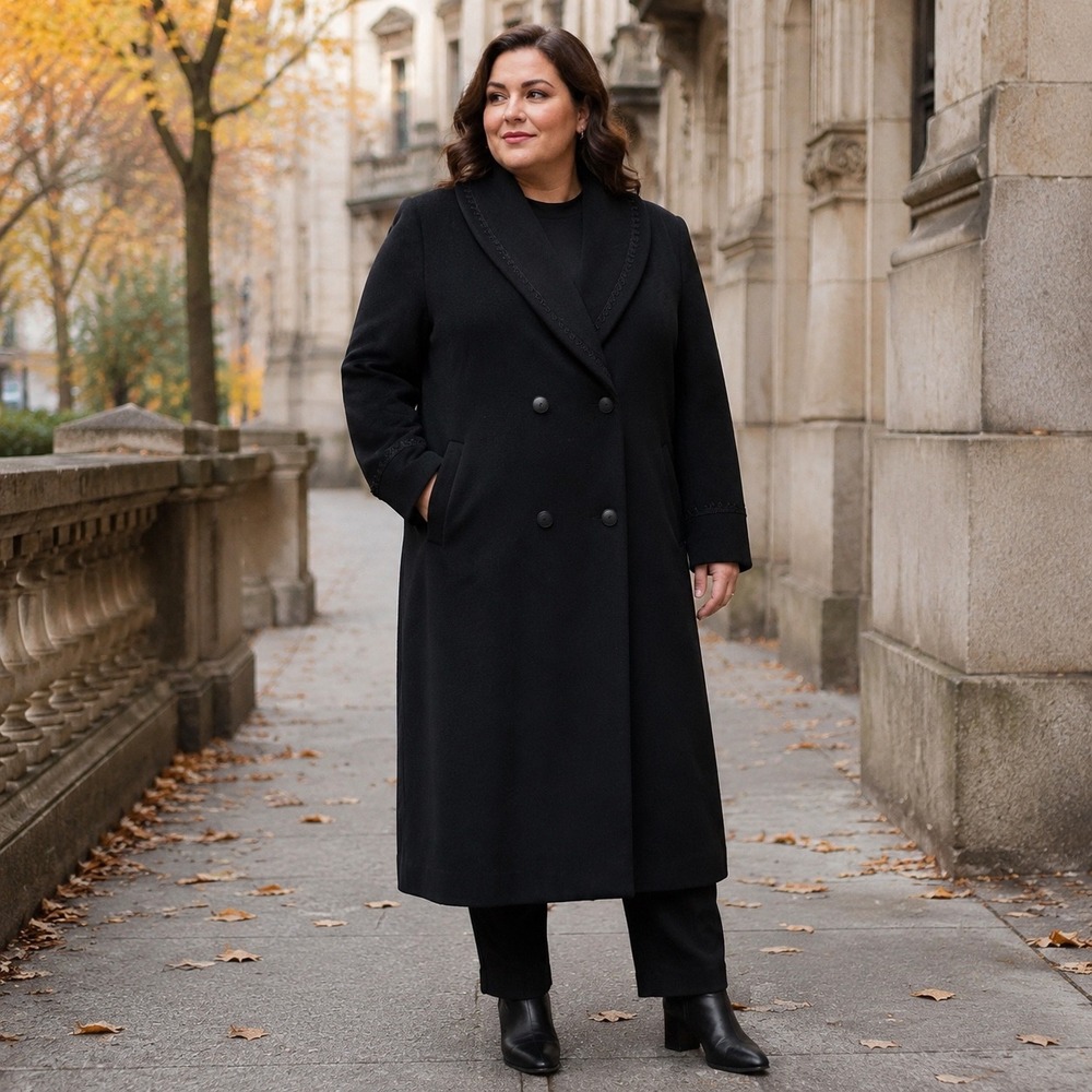 Alorna Forstmann Womens Black Wool Blend Long Double Breasted Coat Braided Trim